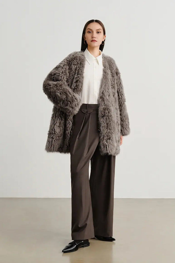 V-Neck Toscana Mid-Length Lambskin Shearling Coat Fibflx