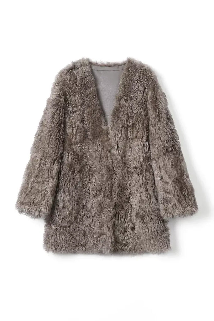 V-Neck Toscana Mid-Length Lambskin Shearling Coat Fibflx