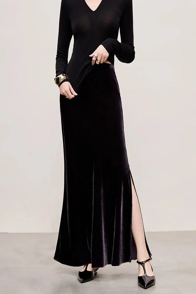 Fibflx Women's Velvet Side-Slit Mermaid Maxi Skirt in Dark Purple