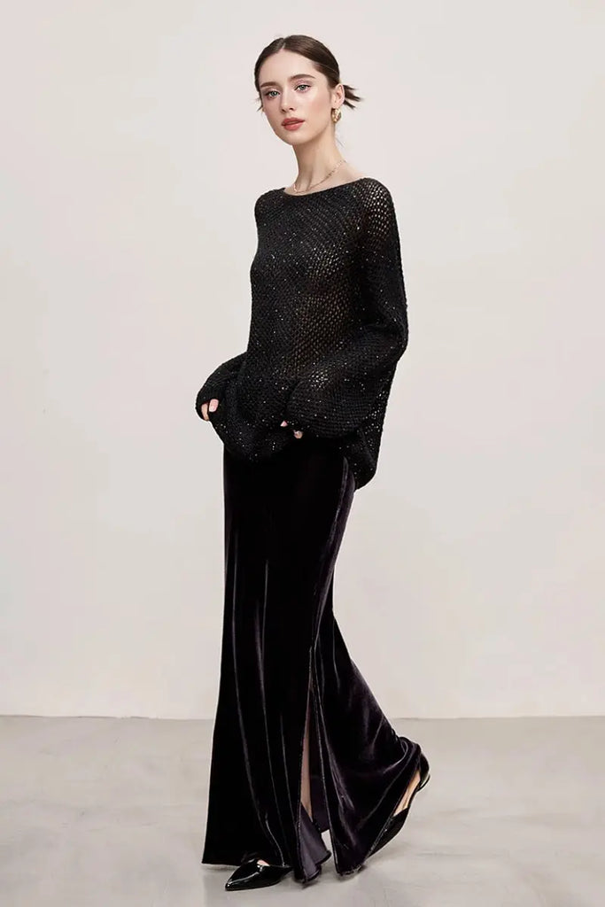 Fibflx Women's Velvet Side-Slit Mermaid Maxi Skirt in Dark Purple