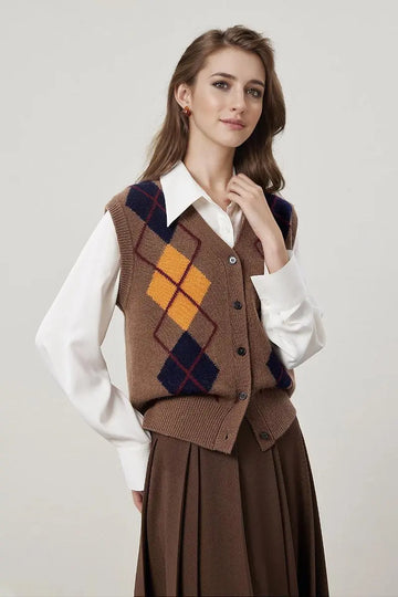 Fibflx Women's Vintage 100 Wool Argyle V-Neck Cardigan Sweater Vest