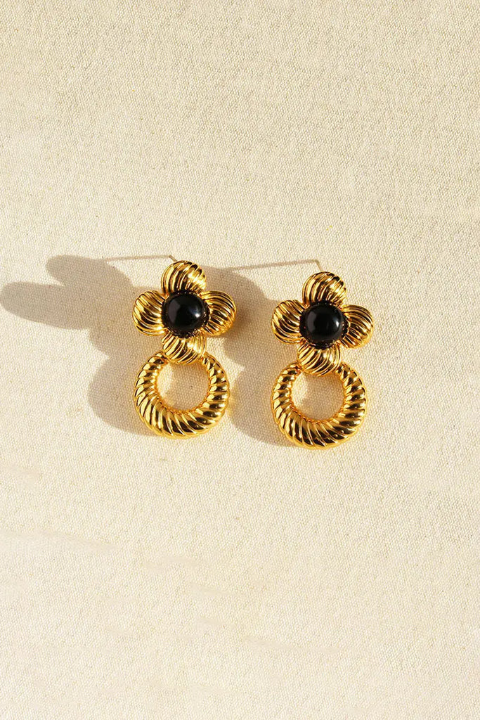 Fibflx Women's Vintage Black Onyx Floral Drop Earrings in 18K Gold Plated