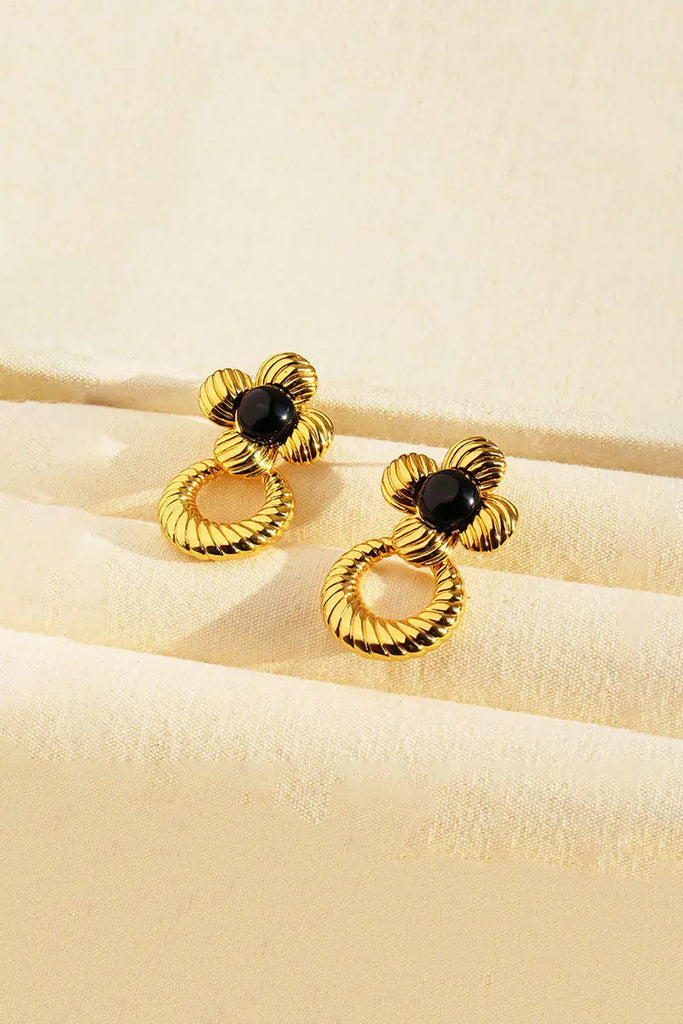 Fibflx Women's Vintage Black Onyx Floral Drop Earrings in 18K Gold Plated