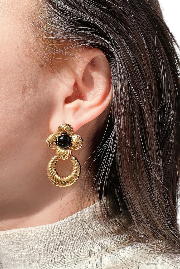 Fibflx Women's Vintage Black Onyx Floral Drop Earrings in 18K Gold Plated