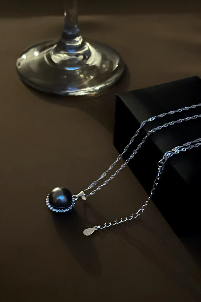 Vintage Black Pearl Silver Necklace Fibflx