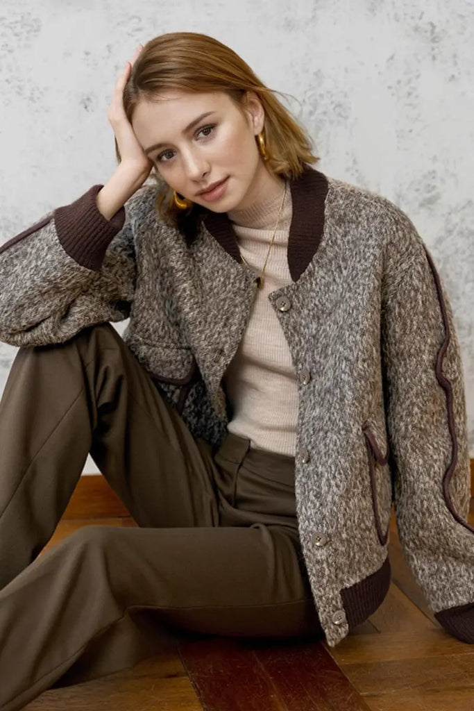 Fibflx Women's Vintage Boucle Wool Blend Button-Up Bomber Jacket