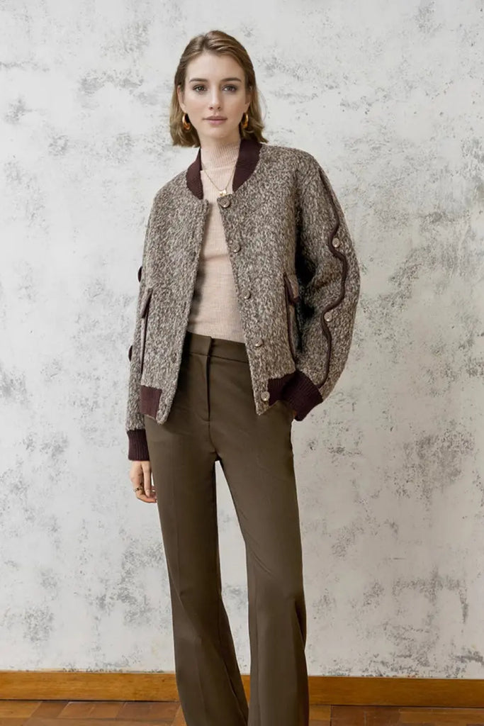 Fibflx Women's Vintage Boucle Wool Blend Button-Up Bomber Jacket