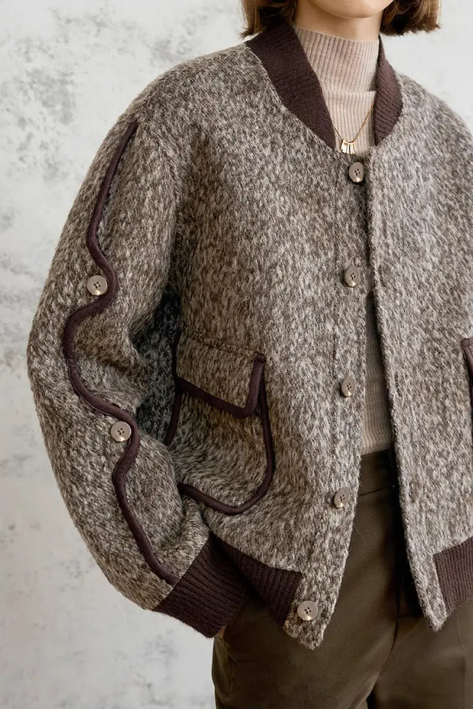 Fibflx Women's Vintage Boucle Wool Blend Button-Up Bomber Jacket