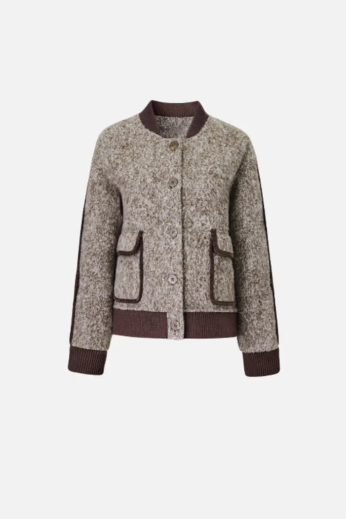 Fibflx Women's Vintage Boucle Wool Blend Button-Up Bomber Jacket
