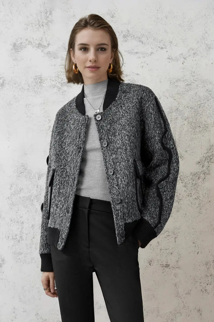 Fibflx Women's Vintage Boucle Wool Blend Button-Up Bomber Jacket
