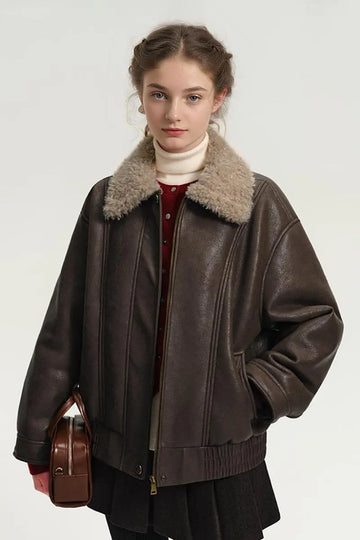 Fibflx Women's Vintage Brown Faux Leather Bomber Jacket with Fur Collar