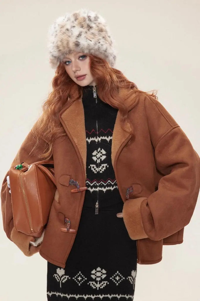 Fibflx Women's Vintage Brown Toggle Faux Shearling Aviator Jacket