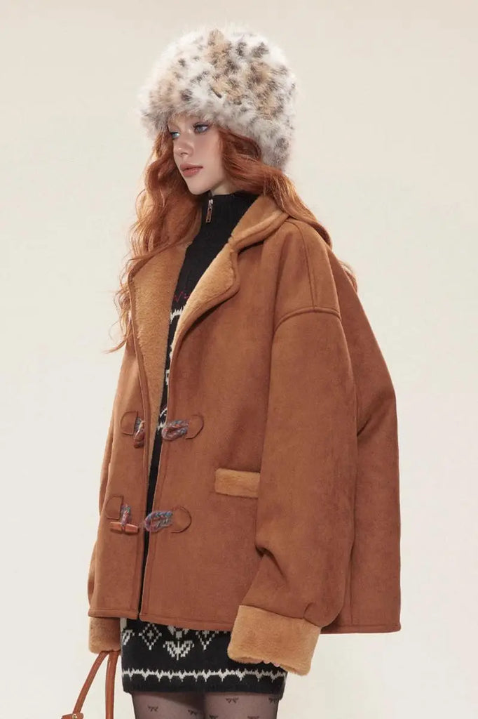 Fibflx Women's Vintage Brown Toggle Faux Shearling Aviator Jacket