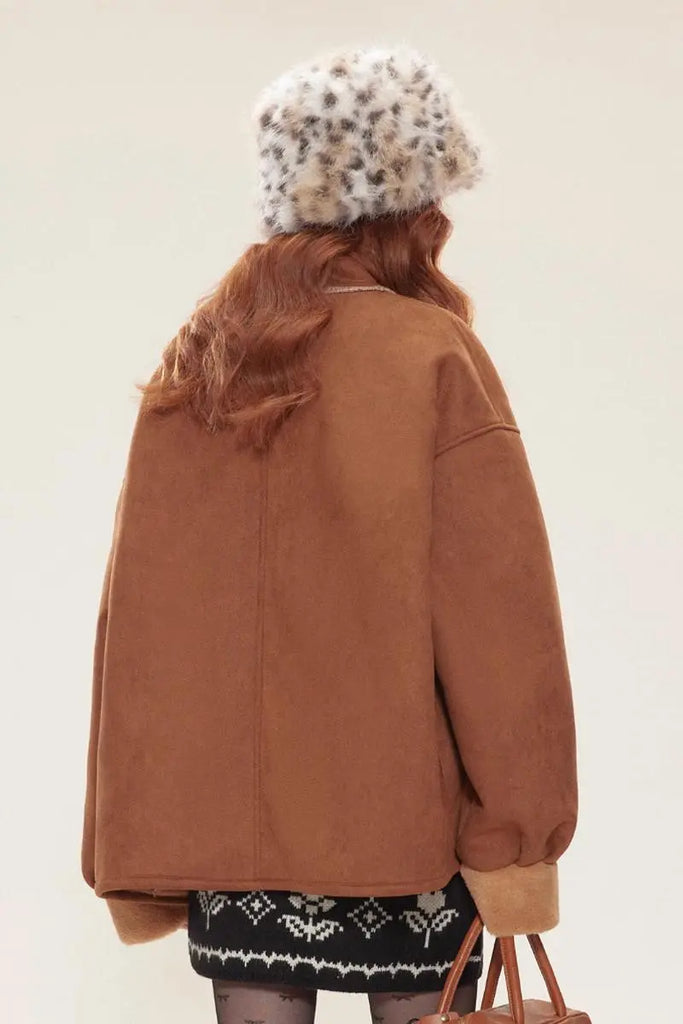 Fibflx Women's Vintage Brown Toggle Faux Shearling Aviator Jacket
