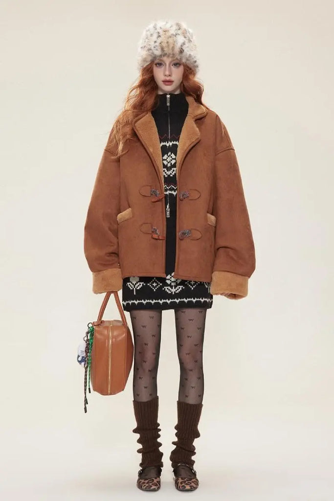 Fibflx Women's Vintage Brown Toggle Faux Shearling Aviator Jacket