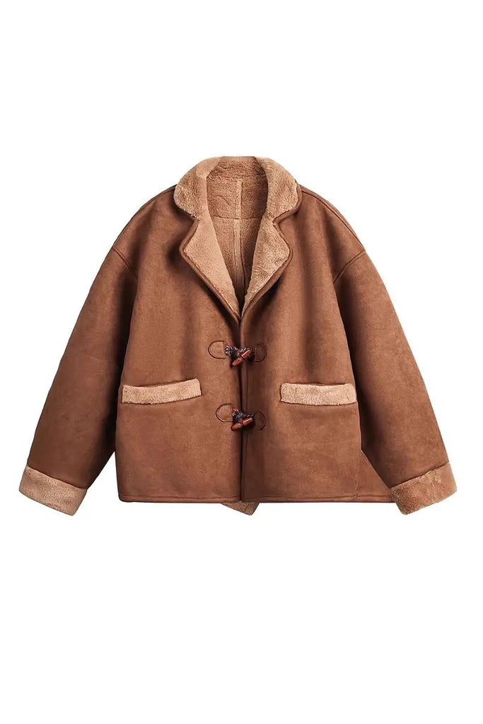 Fibflx Women's Vintage Brown Toggle Faux Shearling Aviator Jacket