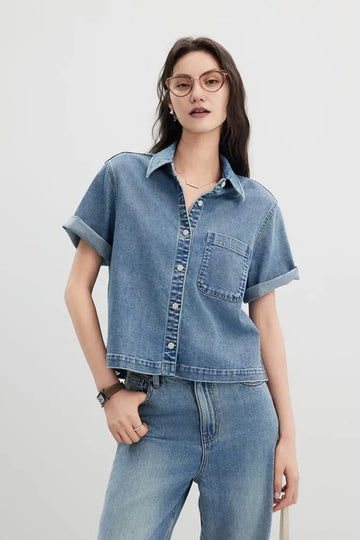 Fibflx Women's Vintage Casual Short Sleeve Denim Shirt with Pocket