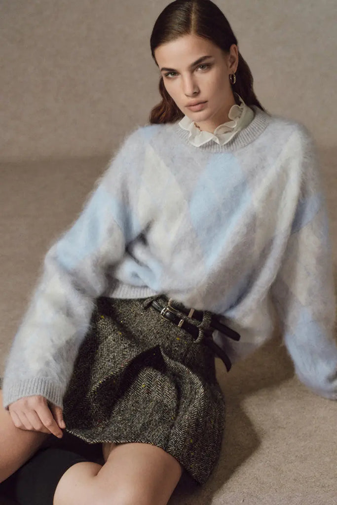 Vintage Chunky Knit Brushed Cashmere Argyle Crewneck Sweater - Fibflx