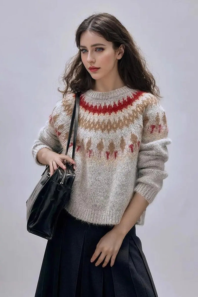 Fibflx Women's Vintage Cotton Blend Fair Isle Crewneck Sweater