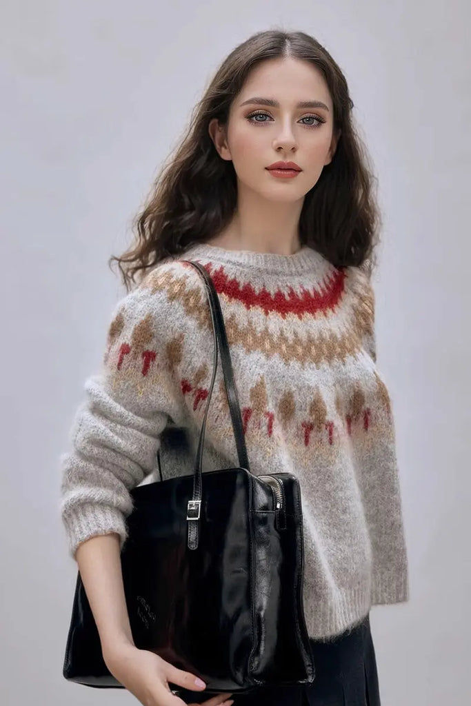 Fibflx Women's Vintage Cotton Blend Fair Isle Crewneck Sweater