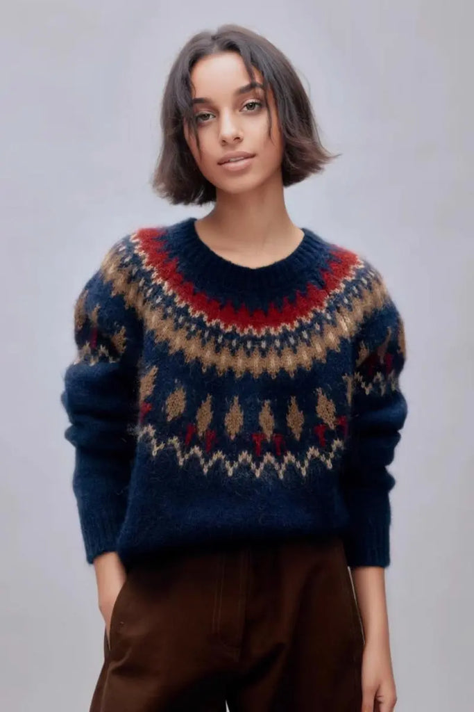 Fibflx Women's Vintage Cotton Blend Fair Isle Crewneck Sweater