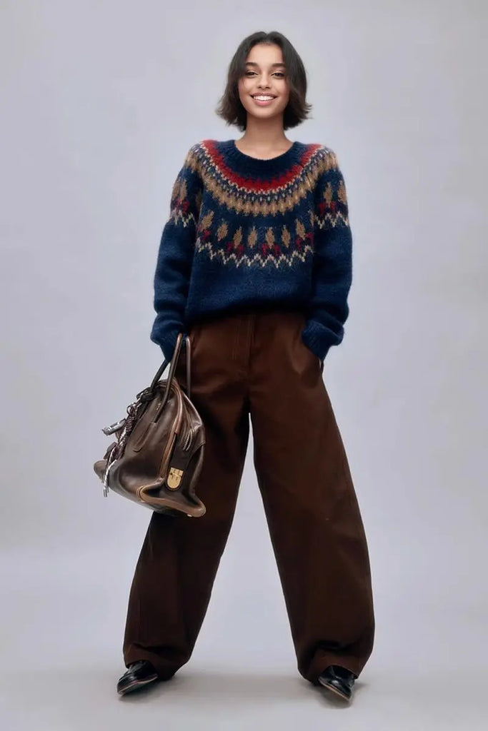 Fibflx Women's Vintage Cotton Blend Fair Isle Crewneck Sweater