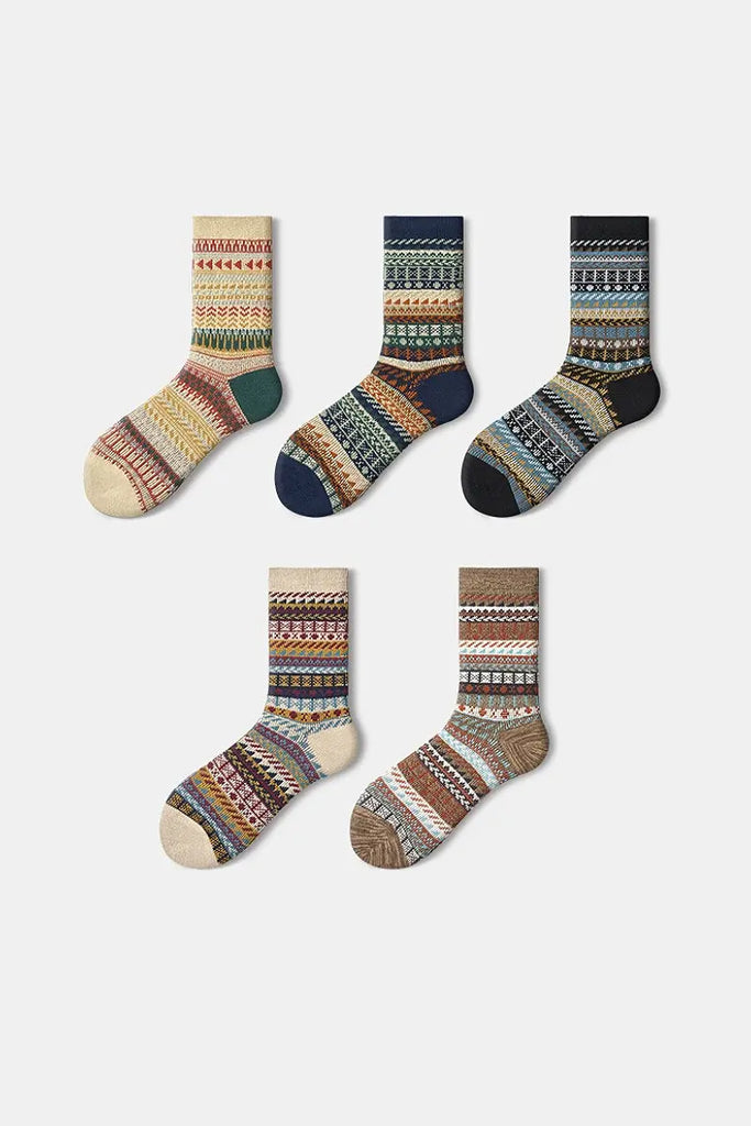 Fibflx Women's Vintage Cotton Blend Fair Isle Socks Set_5-Pack