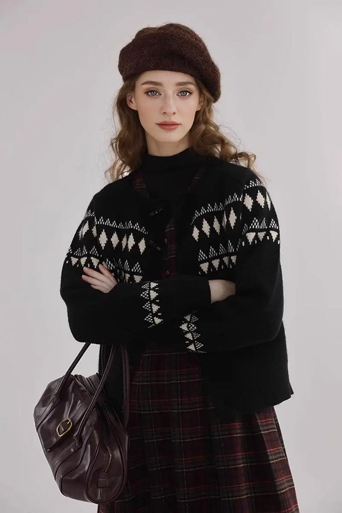 Fibflx Women's Vintage Cotton Blend Fair Isle Toggle Cardigan Sweater