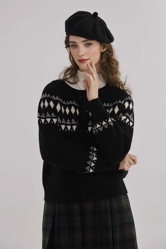 Fibflx Women's Vintage Cotton Blend Fair Isle Toggle Cardigan Sweater