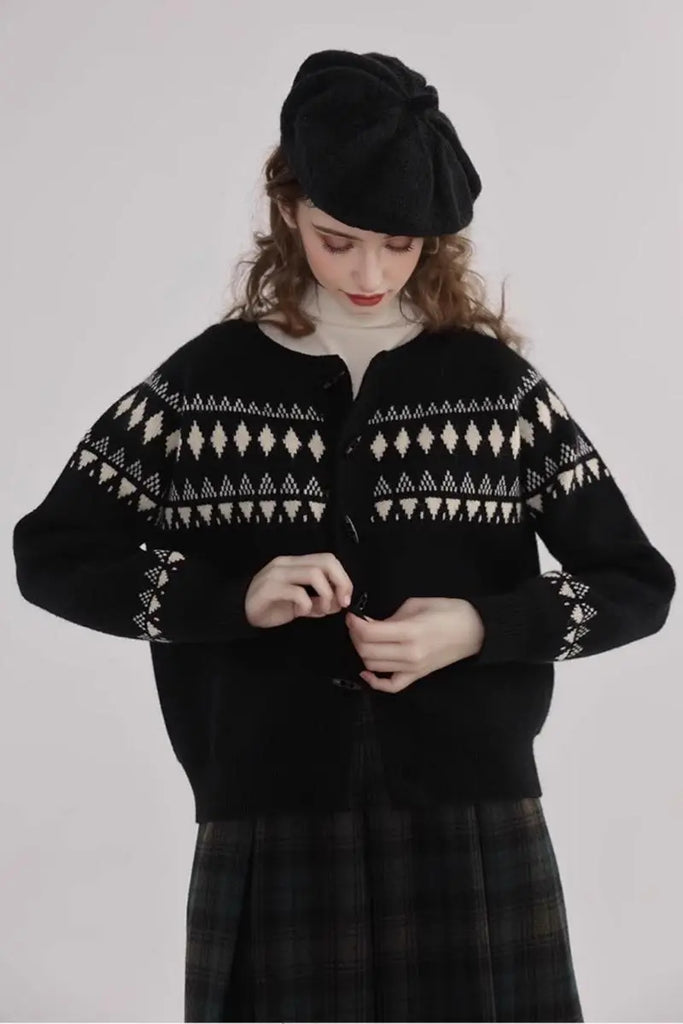 Fibflx Women's Vintage Cotton Blend Fair Isle Toggle Cardigan Sweater