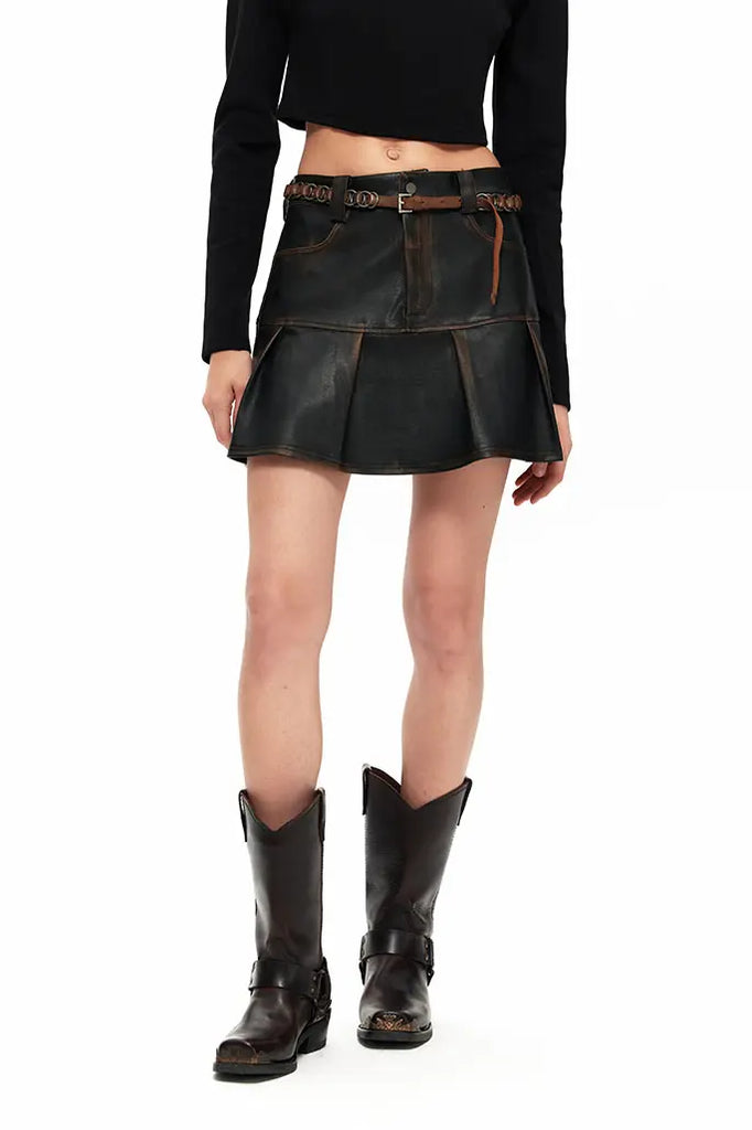 Vintage Distressed Faux-Leather Skirt Fibflx