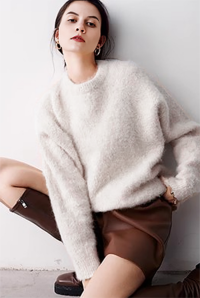 Fibflx Women's Luxe Colorful Cable Knit Brushed Alpaca Fuzzy Crewneck Sweater