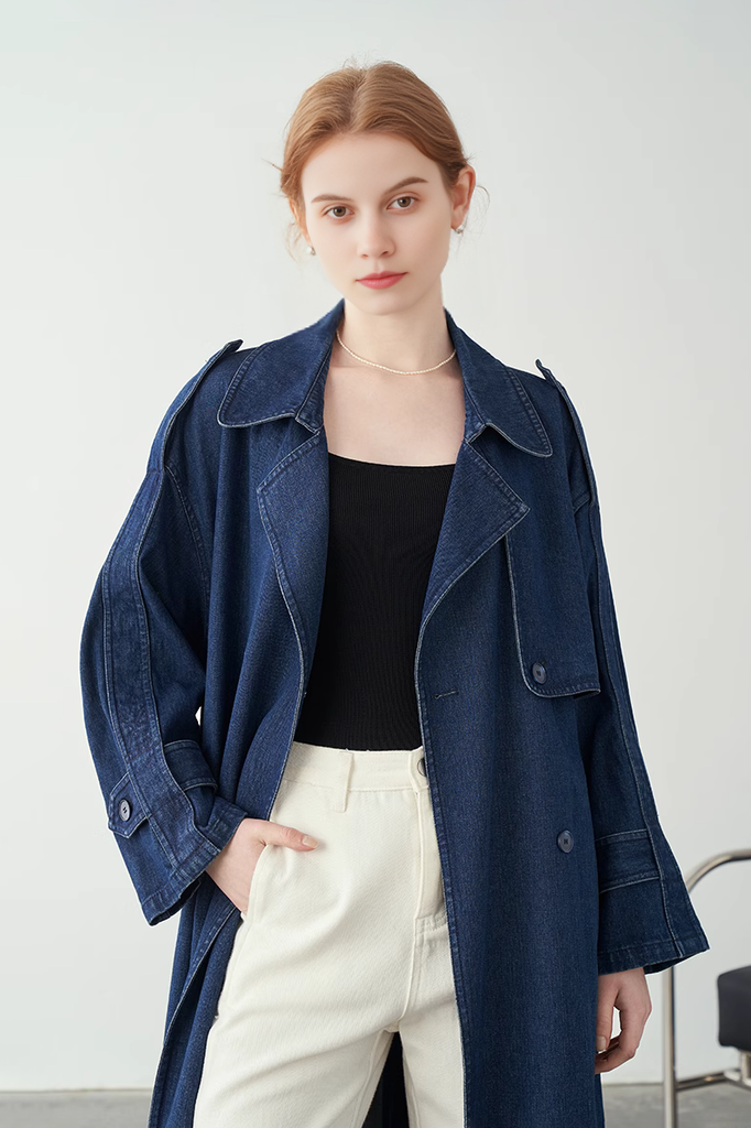 Vintage Double Breasted Denim Trench Coat - Fibflx