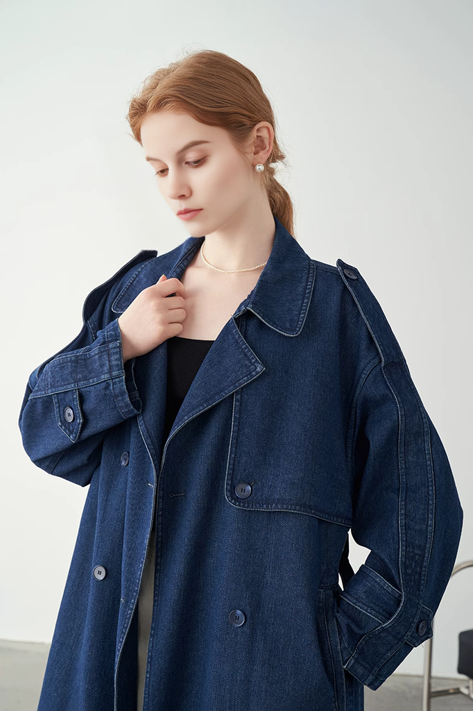 Vintage Double Breasted Denim Trench Coat - Fibflx