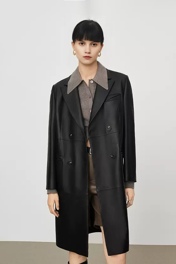 Vintage Double-breasted Leather Trench Coat - Fibflx