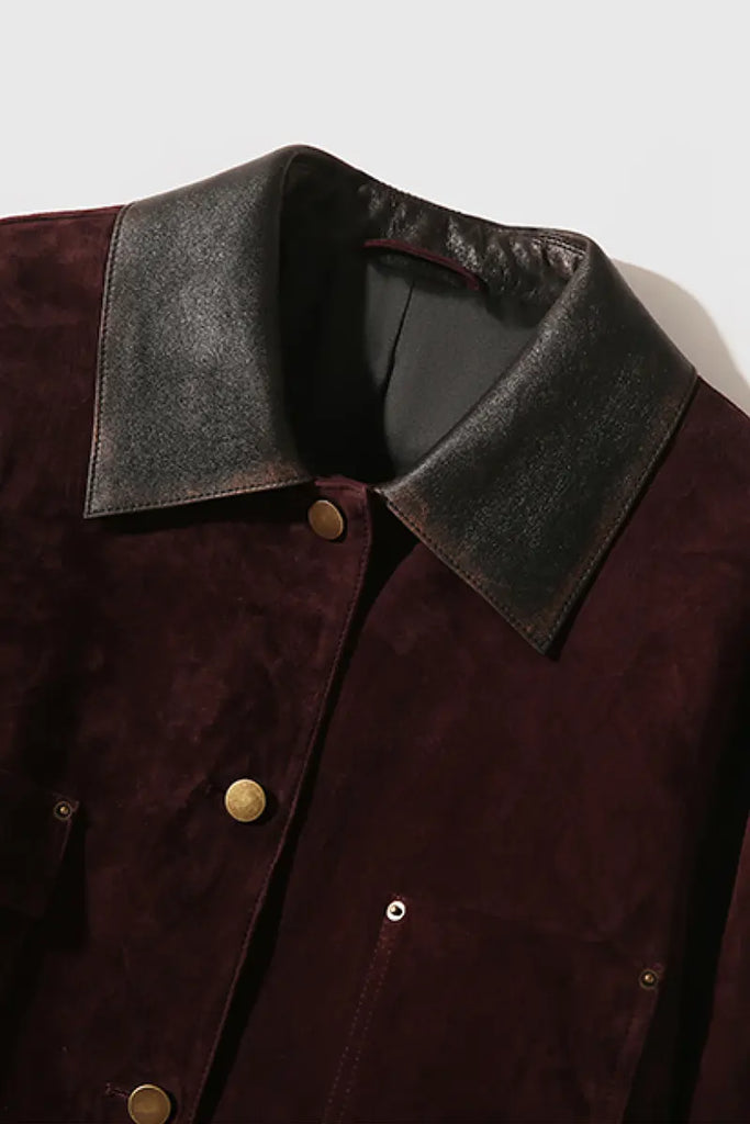 Fibflx Women's Vintage Ethiopian Suede Utility Jacket with Leather Collar