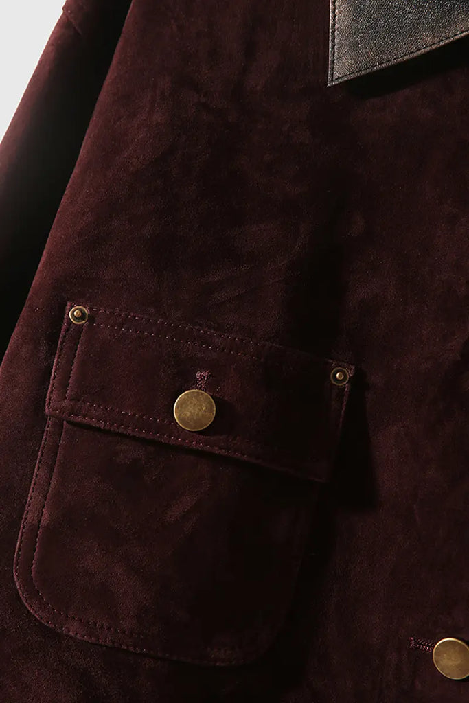 Fibflx Women's Vintage Ethiopian Suede Utility Jacket with Leather Collar