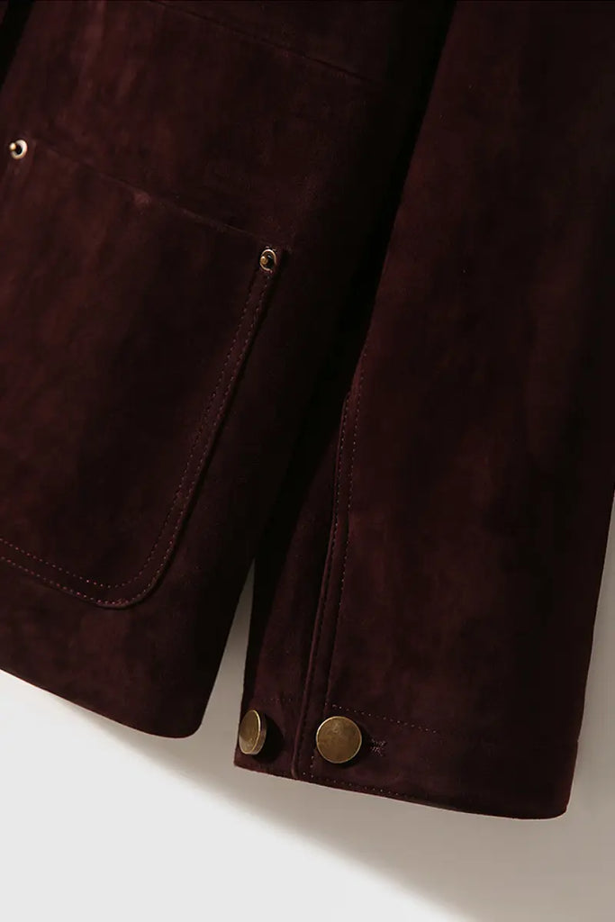 Fibflx Women's Vintage Ethiopian Suede Utility Jacket with Leather Collar