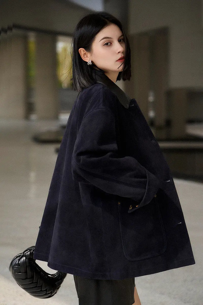 Fibflx Women's Vintage Ethiopian Suede Utility Jacket with Leather Collar