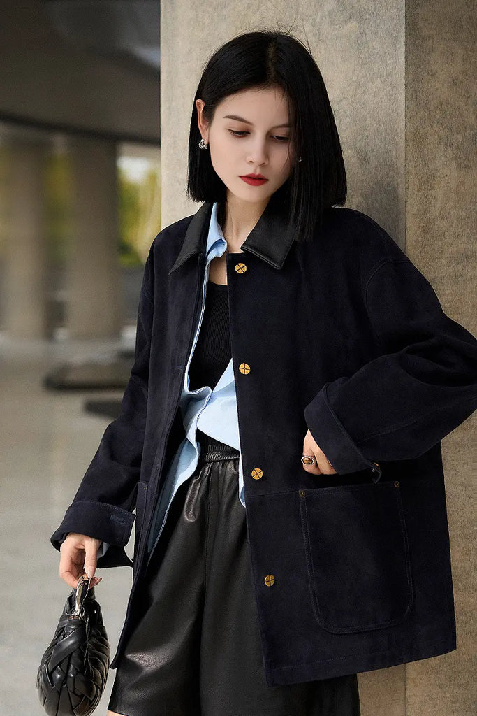 Fibflx Women's Vintage Ethiopian Suede Utility Jacket with Leather Collar