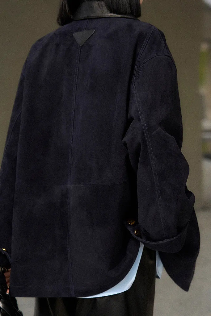 Fibflx Women's Vintage Ethiopian Suede Utility Jacket with Leather Collar