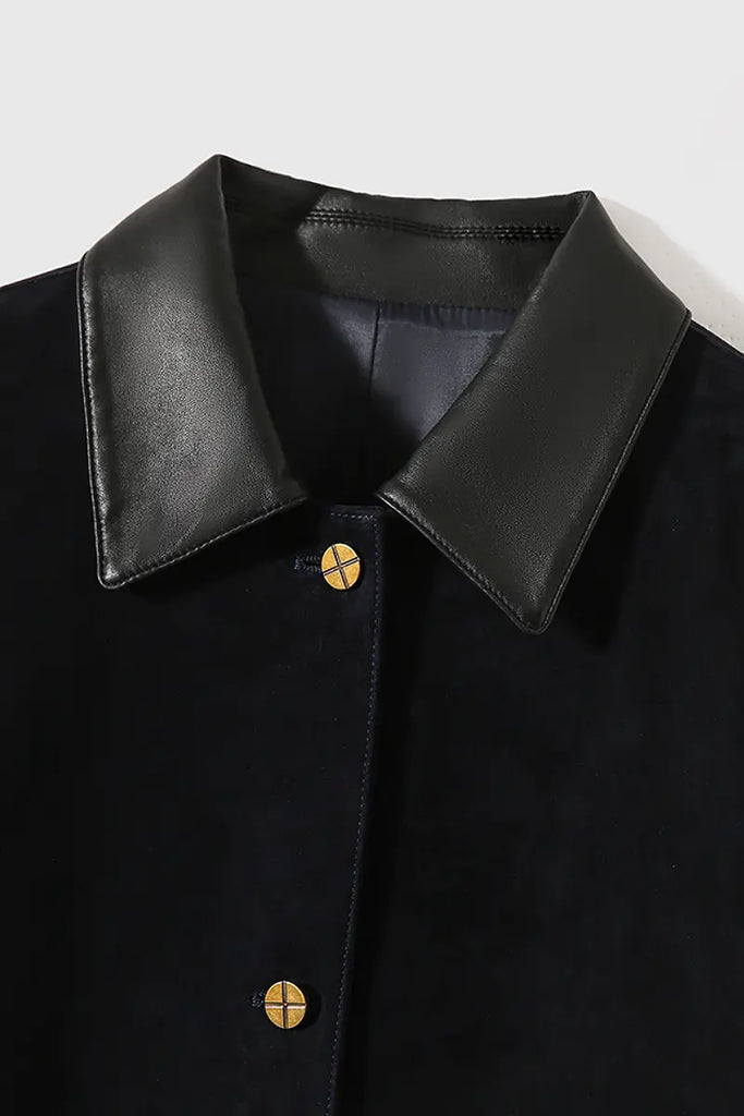 Fibflx Women's Vintage Ethiopian Suede Utility Jacket with Leather Collar