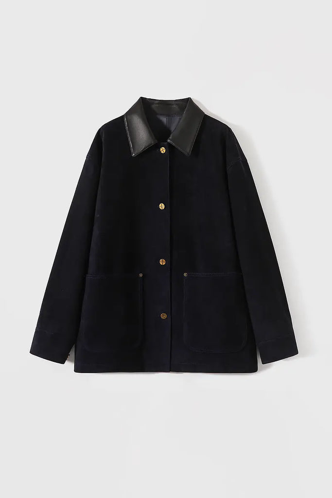 Fibflx Women's Vintage Ethiopian Suede Utility Jacket with Leather Collar