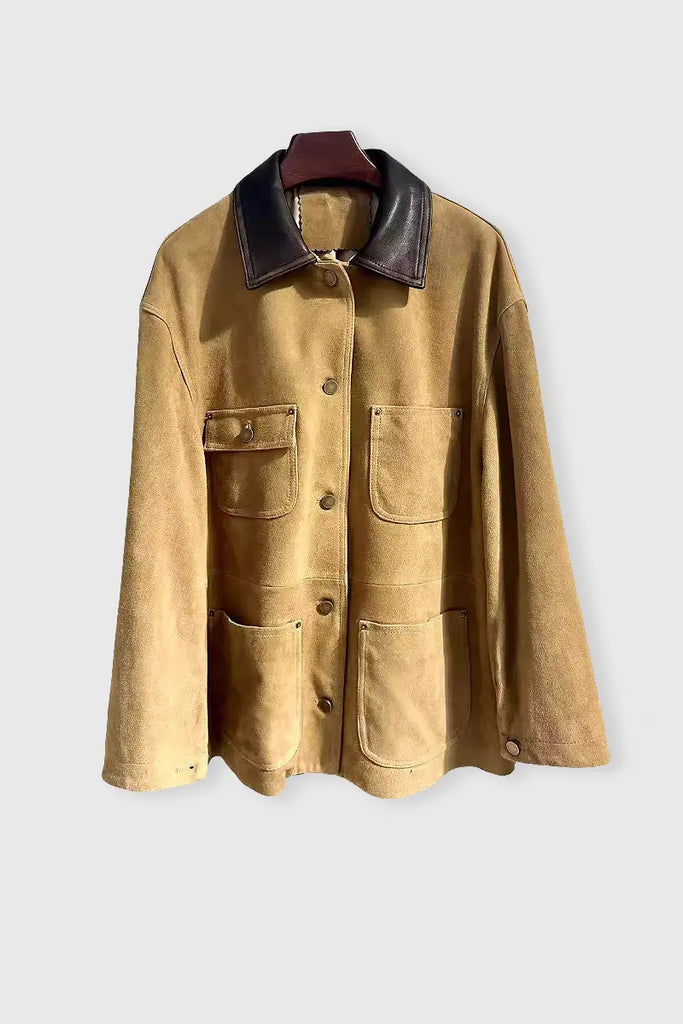 Fibflx Women's Vintage Ethiopian Suede Utility Jacket with Leather Collar