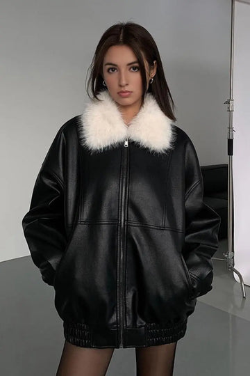 Fibflx Women's Vintage Faux Leather Bomber Jacket with Fur Collar