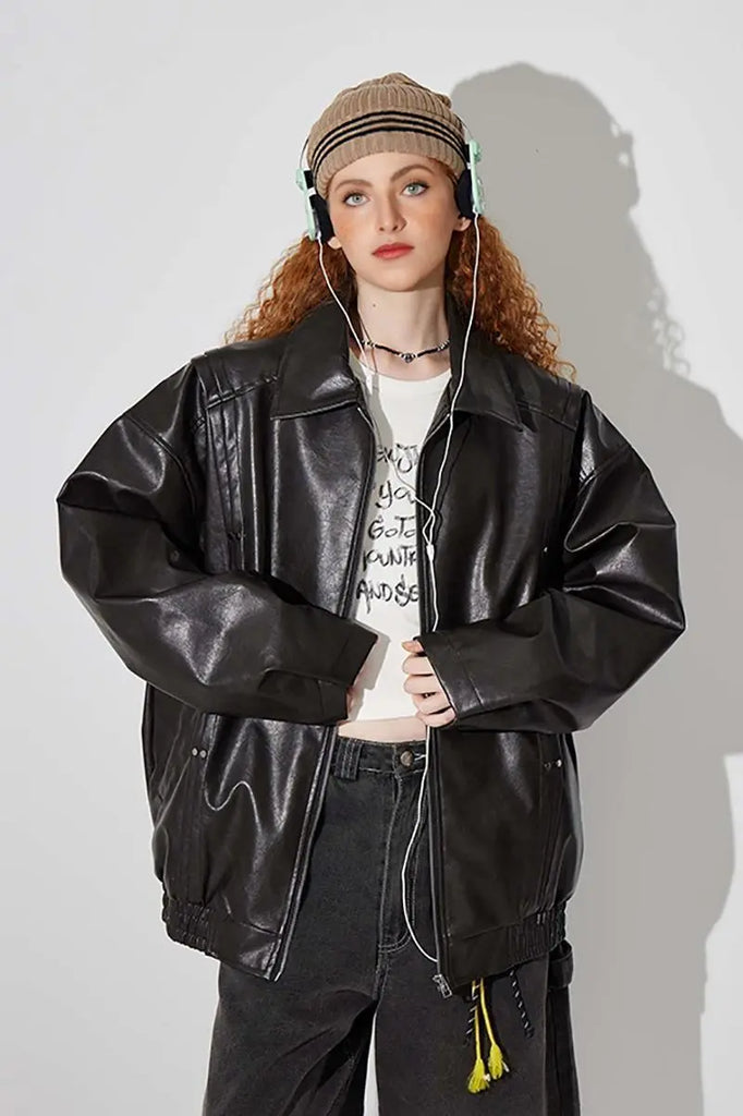 Fibflx Women's Vintage Faux Leather Bomber Jacket with Studs