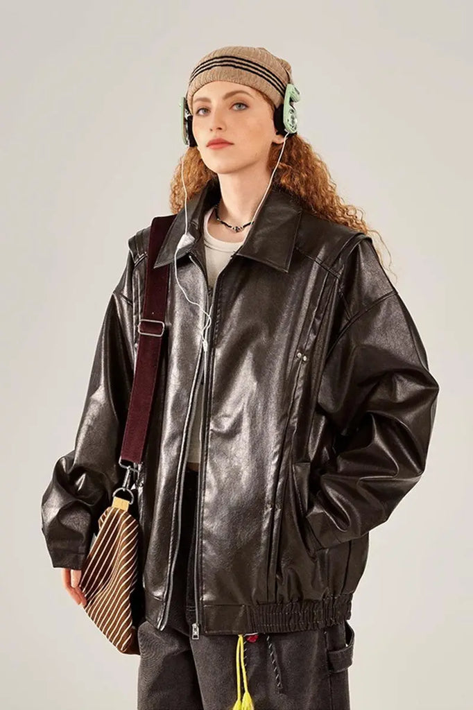 Fibflx Women's Vintage Faux Leather Bomber Jacket with Studs