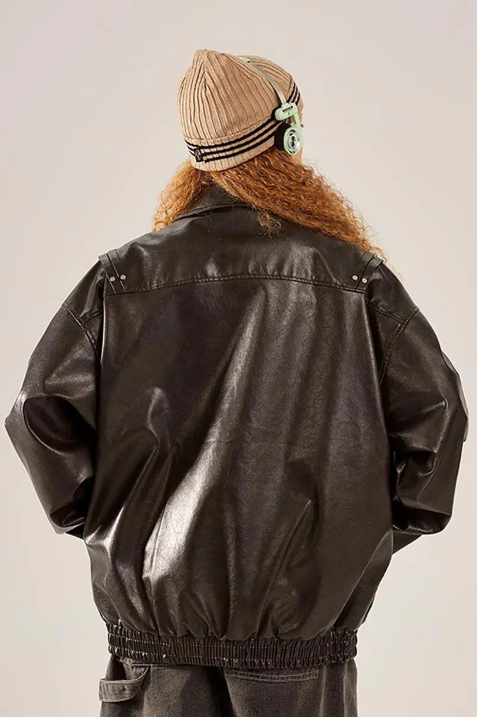 Fibflx Women's Vintage Faux Leather Bomber Jacket with Studs