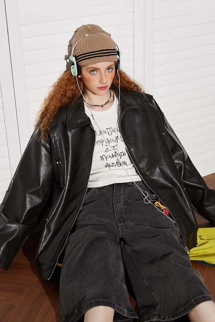 Fibflx Women's Vintage Faux Leather Bomber Jacket with Studs