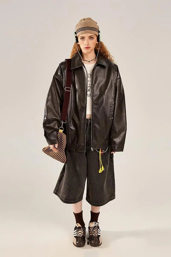 Fibflx Women's Vintage Faux Leather Bomber Jacket with Studs